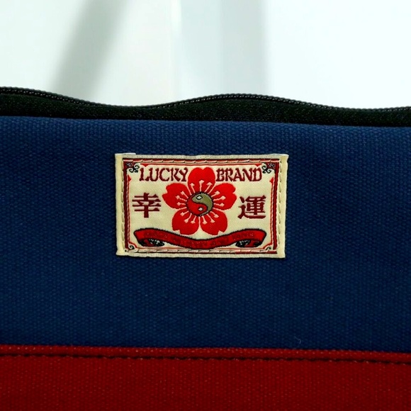 Lucky Brand Canvas Crossbody Messenger Bag Red & Navy Logo Patch Laptop - Picture 5 of 5